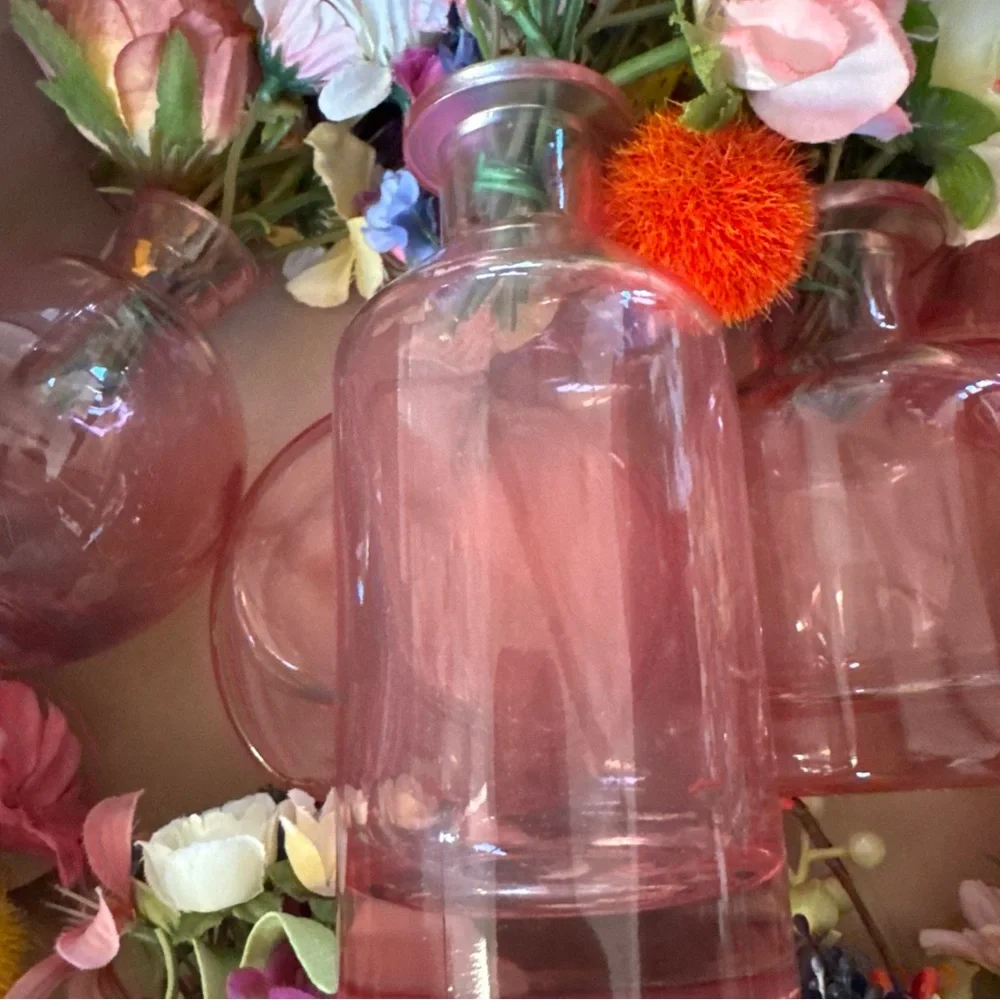 Lot Of 24 Custom Wedding Pink Glass Bud Vases Bundle One-Of-A-Kind With Flowers